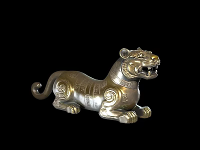 Silver Tiger Statue With Intricate Carvings And Ornate Decorative Design 3d model