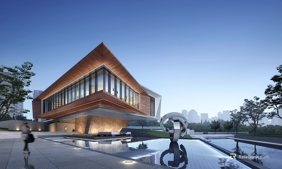 Modern Sales Office Building With Sloped Roof Large Glass Windows Pool Sculpture And City Skyline 3d model 