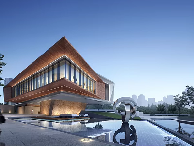 Modern Sales Office Building With Sloped Roof Large Glass Windows Pool Sculpture And City Skyline 3d model