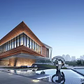 Modern Sales Office Building With Sloped Roof Large Glass Windows Pool Sculpture And City Skyline
