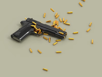 Black Handgun With Gold Bullets Scattered Around On Gray Surface 3d model