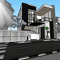 Modern Detached Villa Exterior Design With Trees Stone Wall and Car in Driveway