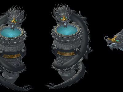 Intricate Dragon Sculpted Stone Fountain With Blue Basin And Golden Accents 3d model
