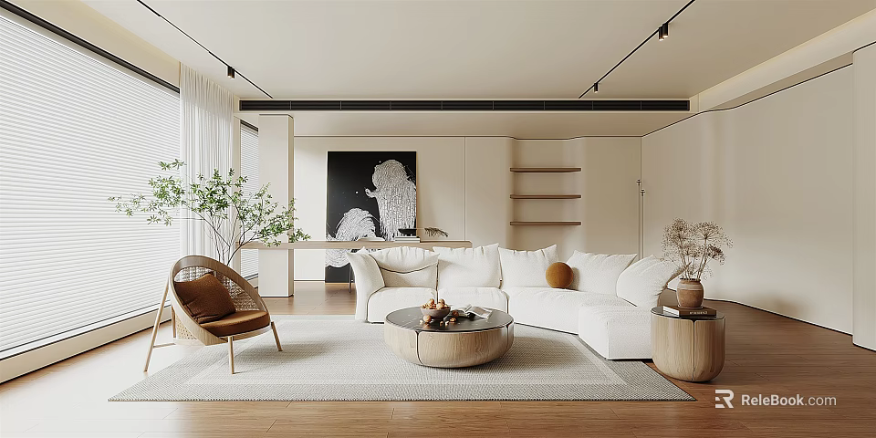 Modern Living Room Interior With White Sofa Round Coffee Table Area Rug Plants And Wall Artwork 3d model 