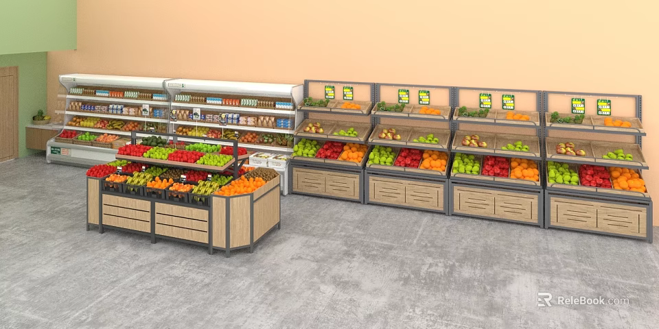 Sturdy Display Shelves in Supermarket Stocked with Fresh Fruits and Vegetables 3d model 