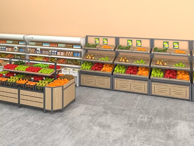 Sturdy Display Shelves in Supermarket Stocked with Fresh Fruits and Vegetables 3d model