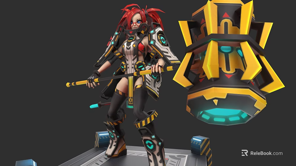 Futuristic Game And Movie Character With Red Hair Mechanical Armor And Weapon 3d model 
