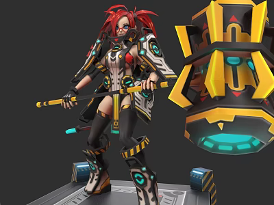 Futuristic Game And Movie Character With Red Hair Mechanical Armor And Weapon 3d model