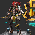 Futuristic Game And Movie Character With Red Hair Mechanical Armor And Weapon