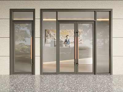 Modern Glass Double Doors With Metal Frame And Interior Reception Counter 3d model