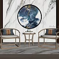 Modern Wooden Chairs And Small Table Set With Marble Wall Circular Painting On Carpet