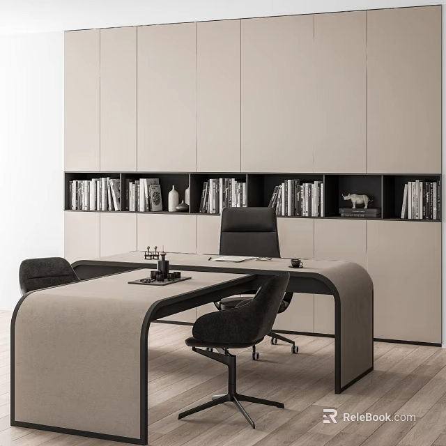 Modern Office Desk With Curved Design Black Chairs And Bookshelves Filled With Books Decorative Items 3d model 