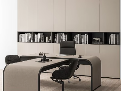 Modern Office Desk With Curved Design Black Chairs And Bookshelves Filled With Books Decorative Items 3d model