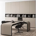 Modern Office Desk With Curved Design Black Chairs And Bookshelves Filled With Books Decorative Items