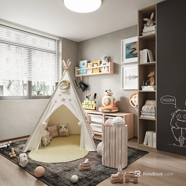 Cozy Modern Playroom Interior Design With Teepee Rug And Toys 3d model 