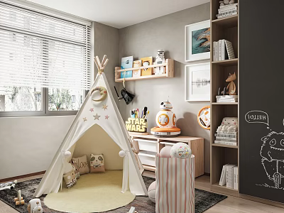 Cozy Modern Playroom Interior Design With Teepee Rug And Toys 3d model