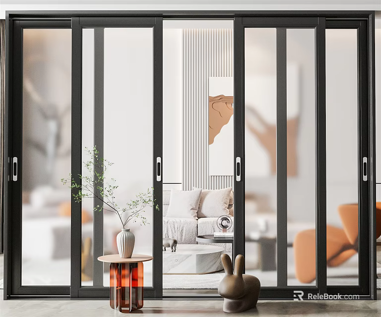 Modern Black Frame Sliding Doors With Transparent Glass In Living Room Interior 3d model 