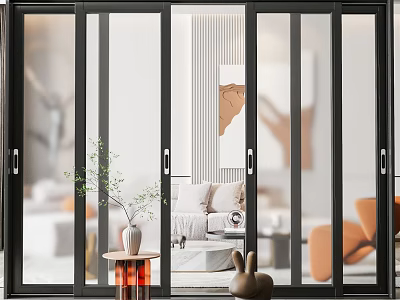 Modern Black Frame Sliding Doors With Transparent Glass In Living Room Interior 3d model