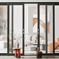Modern Black Frame Sliding Doors With Transparent Glass In Living Room Interior