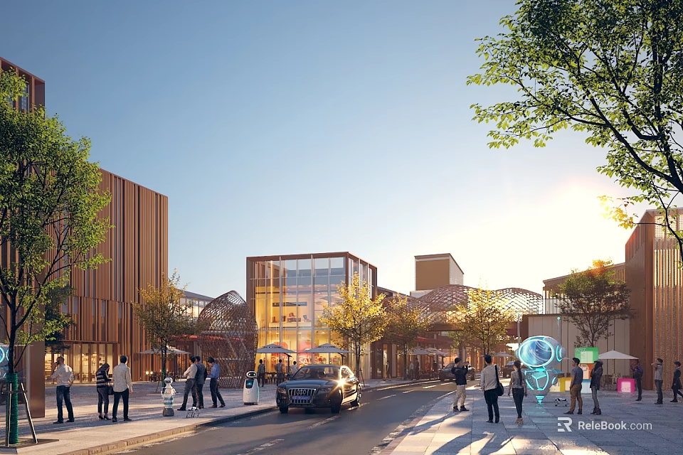 Bustling Commercial Street With Pedestrians Parked Cars Lined Trees And Sunlit Modern Buildings 3d model 