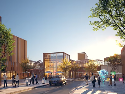 Bustling Commercial Street With Pedestrians Parked Cars Lined Trees And Sunlit Modern Buildings 3d model