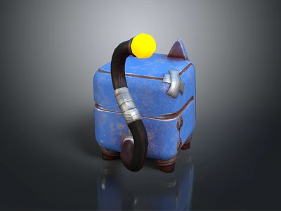 Cat Creature Character With Blue Box Body Black Tail Yellow Ball Ears Brown Feet 3d model