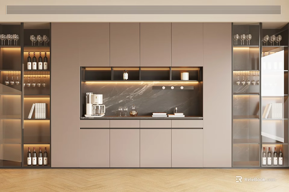 Modern Light Brown Sideboard With LED Lighting Glass Display Shelves And Storage 3d model 