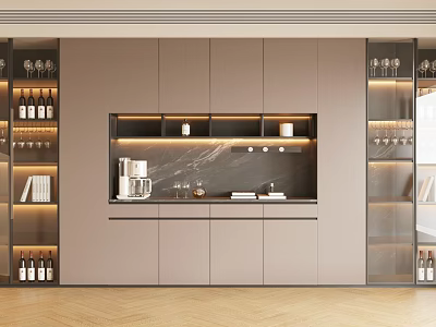 Modern Light Brown Sideboard With LED Lighting Glass Display Shelves And Storage 3d model