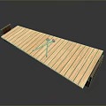 Wooden Equipment Platform With Long Slatted Design And Red Components On Dark Surface