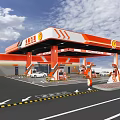 Modern Orange And White Gas Station With Circular G Logo Fuel Dispensers And White Cars