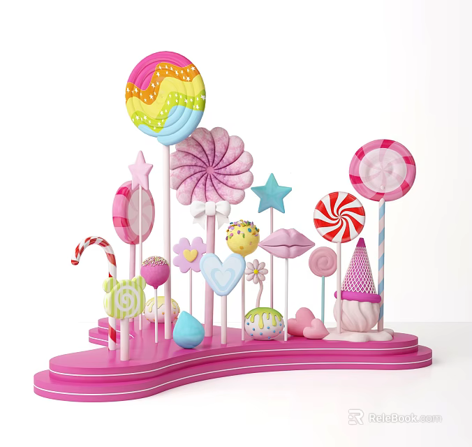 Colorful Candy Themed Window Display Decoration With Lollipops Star Shapes Lips Heart And Cupcake 3d model 