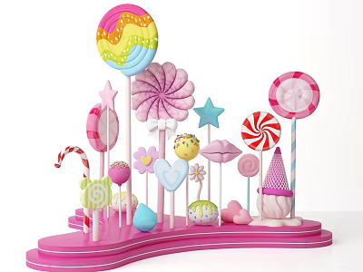 Colorful Candy Themed Window Display Decoration With Lollipops Star Shapes Lips Heart And Cupcake 3d model