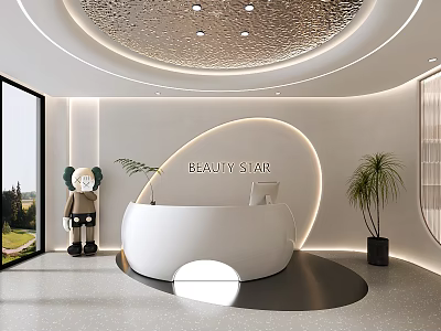 Elegant Modern Beauty Salon Interior With White Curved Reception Desk Decorative Ceiling And Green Plant 3d model
