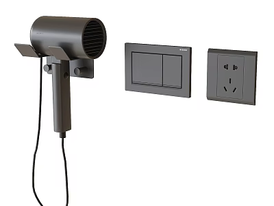 Modern Household Electric Hair Dryer Near Switch Panel And Socket 3d model