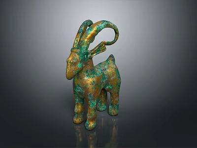Ancient Bronze Goat Sculpture With Curved Horns And Green Gold Patina 3d model