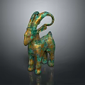 Ancient Bronze Goat Sculpture With Curved Horns And Green Gold Patina