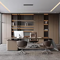 Modern Office Interior Design With Large Windows Wooden Shelves And Potted Plant