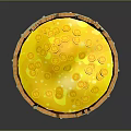 Jewelry Collection Displaying Gold Coins Floating in Yellow Liquid Inside Wooden Barrel with Dollar Signs