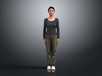 A Woman Standing In Gray Background With Dark Sleeved Top Green Pants And White Shoes 3d model