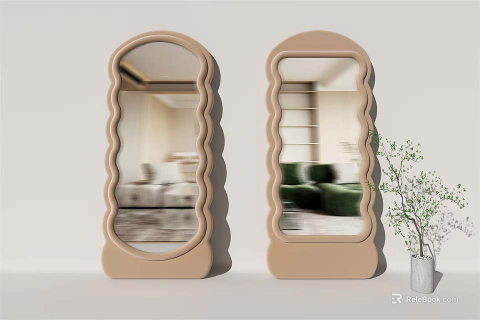 Two Beige Wavy Frame Standing Mirrors Reflecting Living Room With Indoor Plant 3d model 