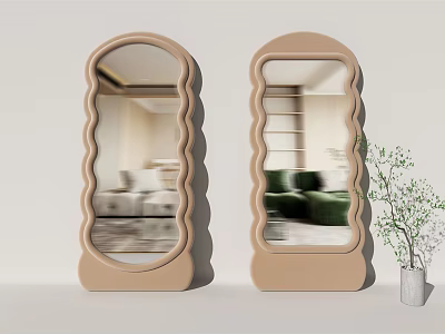 Two Beige Wavy Frame Standing Mirrors Reflecting Living Room With Indoor Plant 3d model