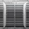 White Mobile Shelving Units With Black Wheel Handles Multiple Shelves Neatly Arranged In Storage Room