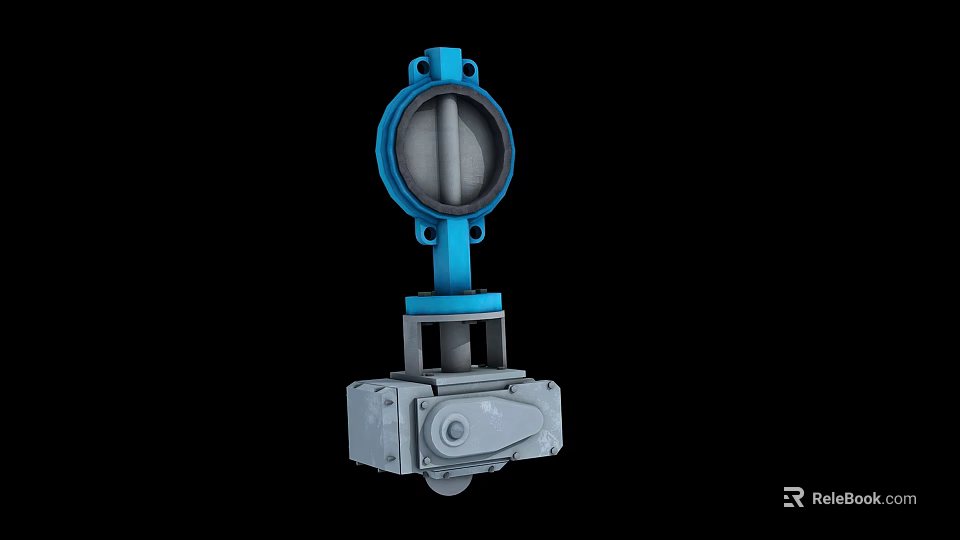 Industrial Equipment Blue Butterfly Valve With Gray Actuator And Metal Body Structure 3d model 