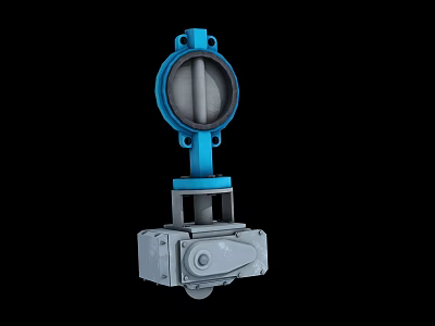 Industrial Equipment Blue Butterfly Valve With Gray Actuator And Metal Body Structure 3d model