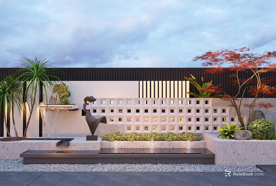 Modern Feature Wall Design With White Lattice Red Maple Palm Plants Sculpture And Stone Steps 3d model 
