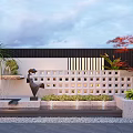 Modern Feature Wall Design With White Lattice Red Maple Palm Plants Sculpture And Stone Steps