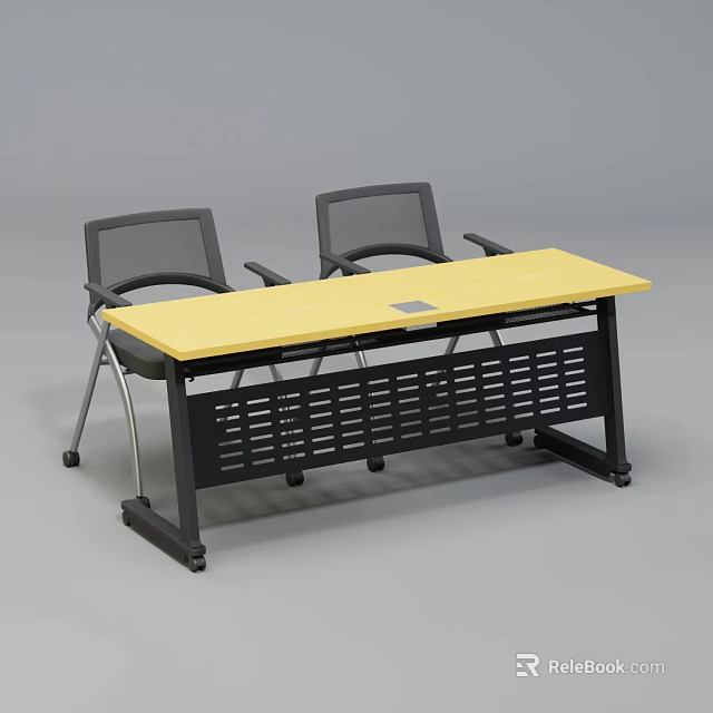 Modern Office Desk With Yellow Desktop Black Grid Design And Mesh Chairs 3d model 