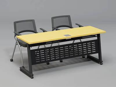 Modern Office Desk With Yellow Desktop Black Grid Design And Mesh Chairs 3d model