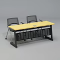 Modern Office Desk With Yellow Desktop Black Grid Design And Mesh Chairs