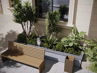 Wooden Outdoor Landscape Bench Surrounded By Green Plants In Planter Box And Tile Floor 3d model